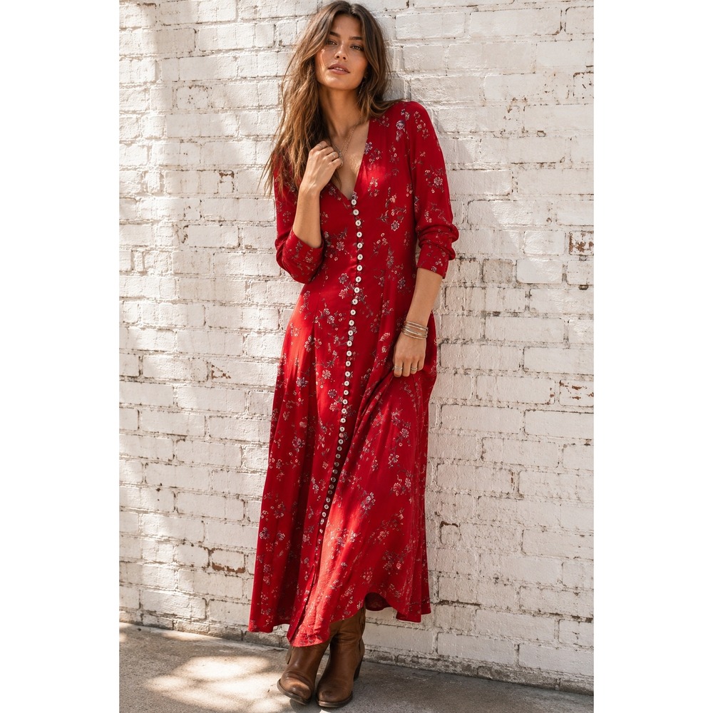 Vintage Decked Out Red Rayon Floral Button Front Maxi Dress 90s Grunge 9/10